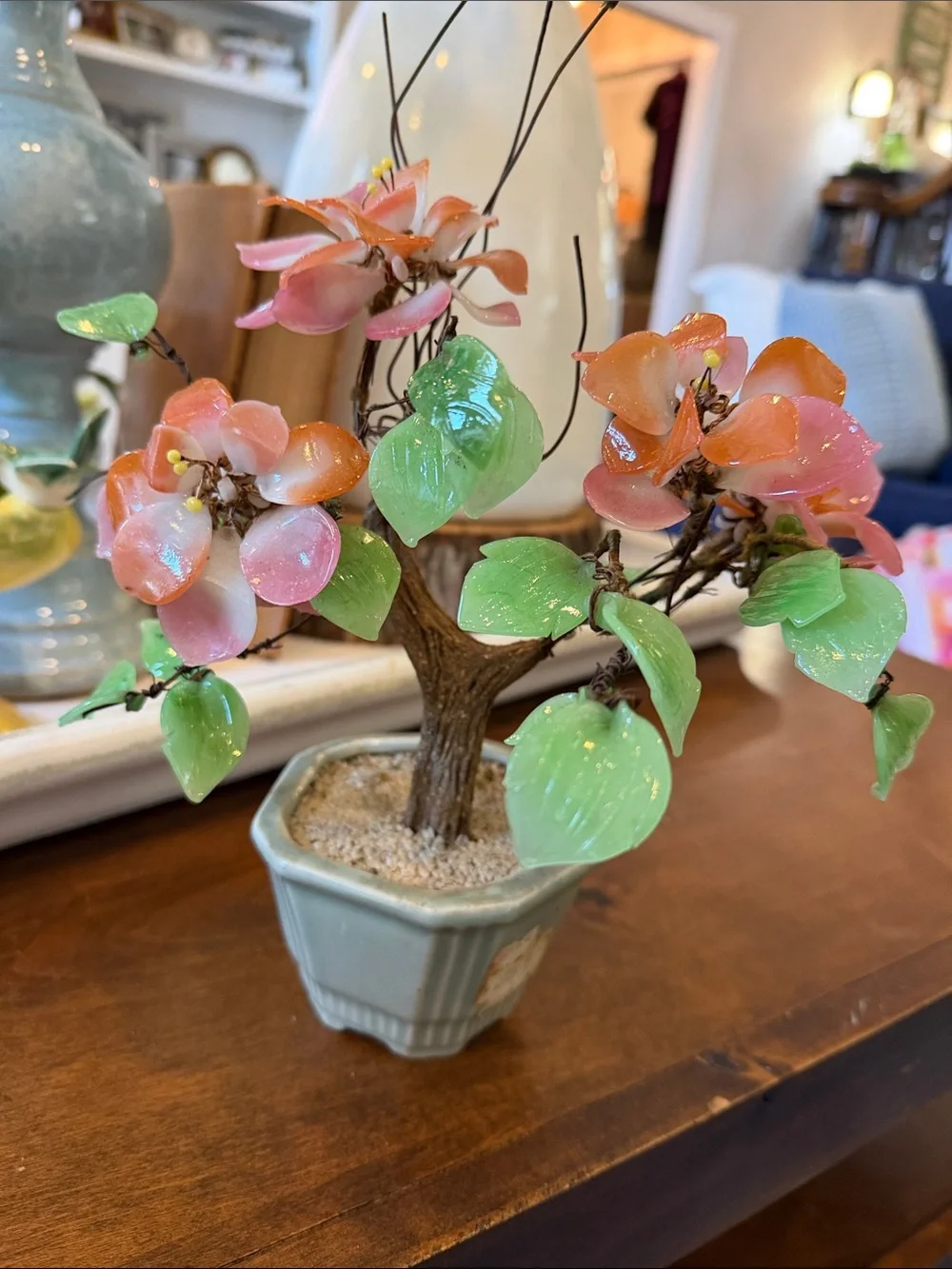 Vintage Asian Cherry Blossom Bonsai Tree. Glass Jade Leaves. 1970’s Unique